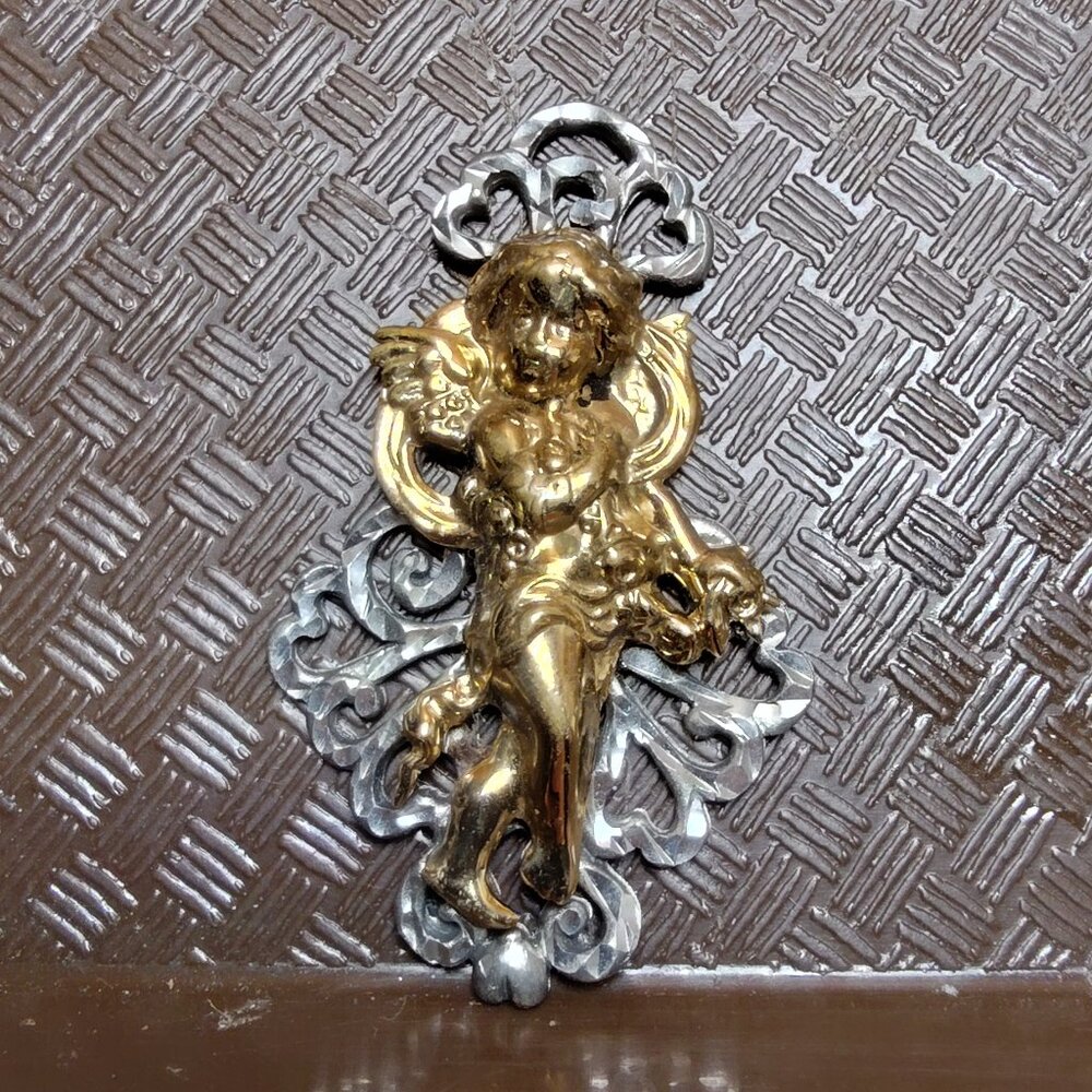 Vintage EJC 96 Large Cherub Angel Pendant Gold and silver tone